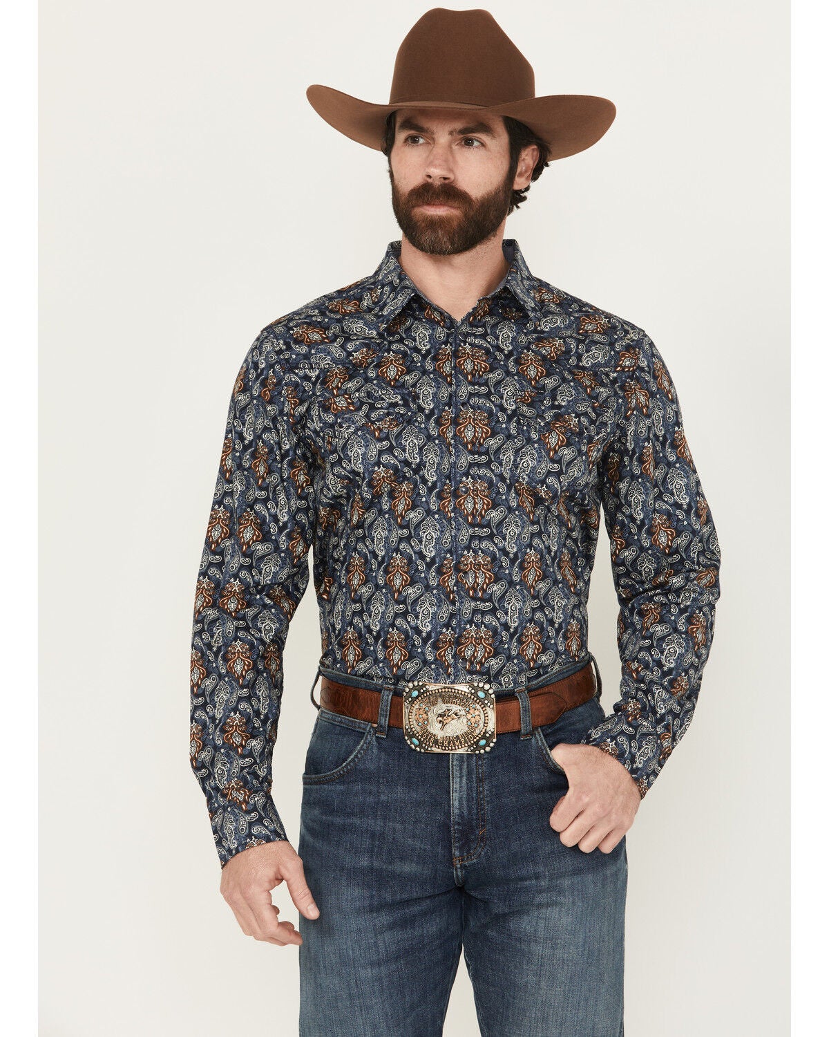 Cody James Men's Rodeo Ritz Paisley Print Long Sleeve Snap Western Shirt, Navy, hi-res