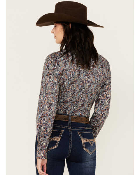 Image #4 - Rough Stock by Panhandle Women's Paisley Print Long Sleeve Snap Stretch Western Shirt , Navy, hi-res
