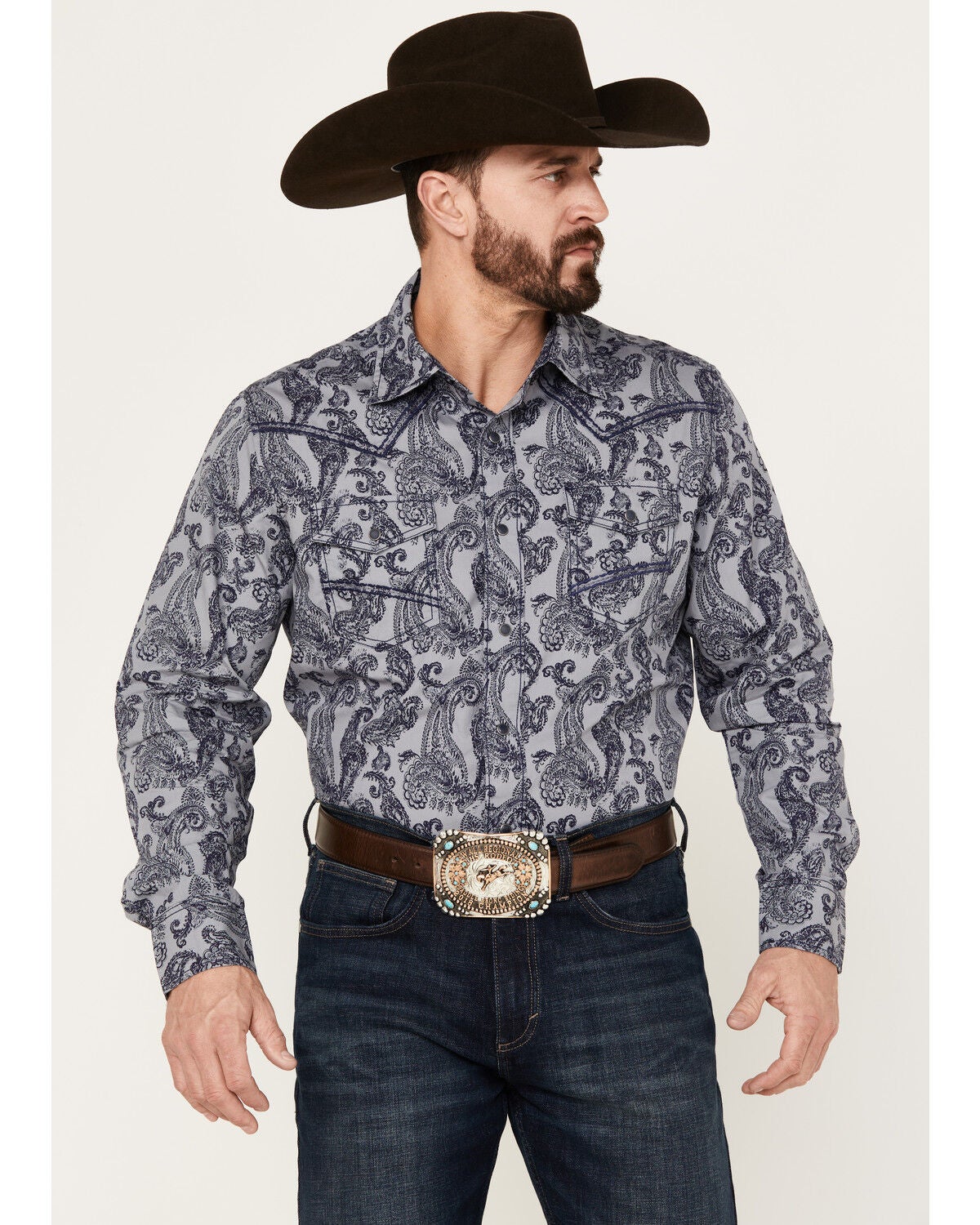 Wrangler Men's Rock 47 Paisley Print Long Sleeve Snap Western Shirt, Navy, hi-res
