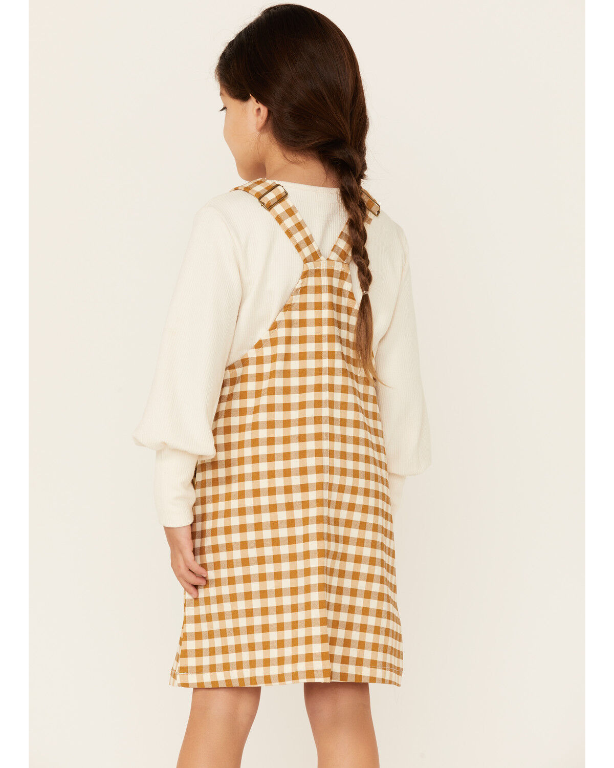Image #3 - Hayden Girls' Checkered Overall Mini Dress, Mustard, hi-res