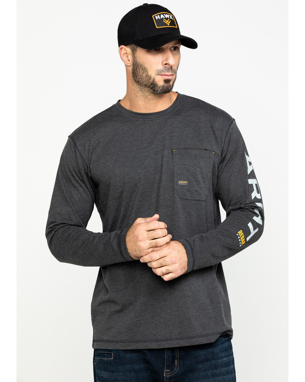 Image #1 - Ariat Men's Rebar Workman Logo Long Sleeve Work Shirt, Charcoal, hi-res