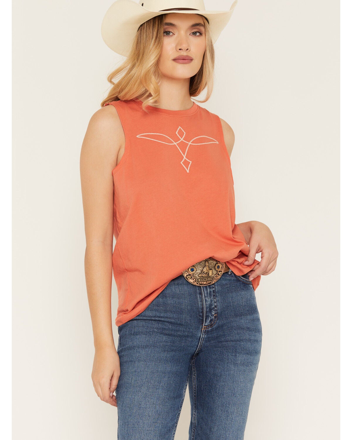 Shyanne Women's Bootstitch Sleeveless Embroidered Tank Top, Coral, hi-res