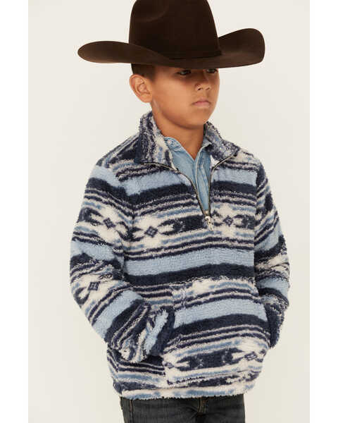 Image #2 - Rock & Roll Denim Boys' Southwestern Striped Fuzzy 1/4 Zip Pullover , Blue, hi-res