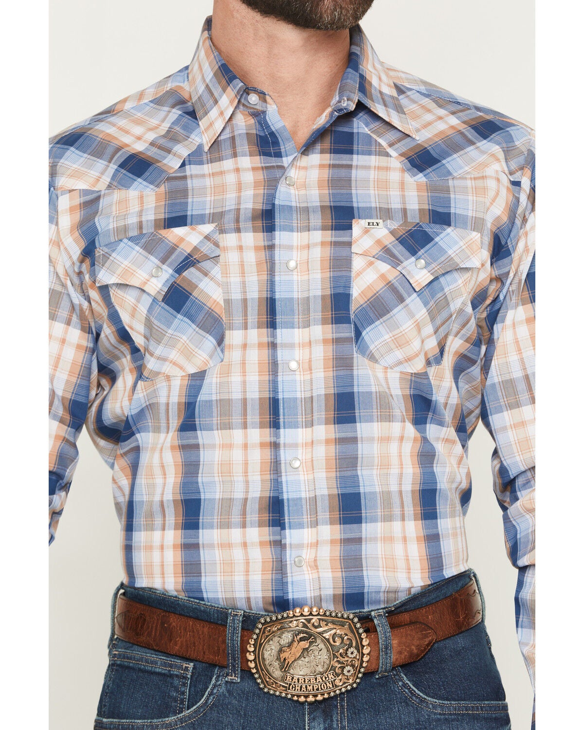 Image #3 - Ely Walker Men's Plaid Print Long Sleeve Pearl Snap Western Shirt, Navy, hi-res