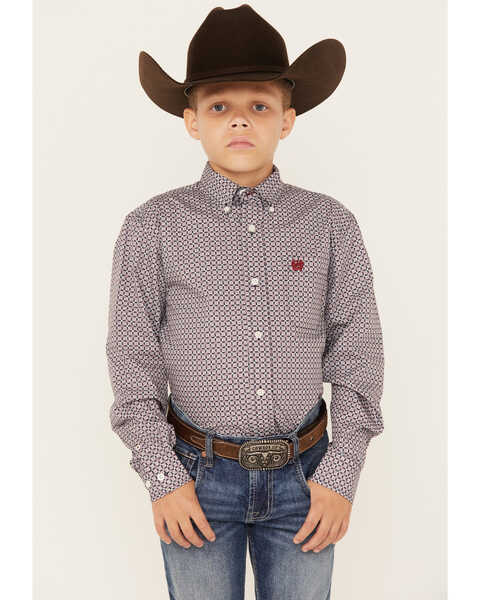 Image #1 - Cinch Boys' Print Long Sleeve Button-Down Western Shirt , Purple, hi-res