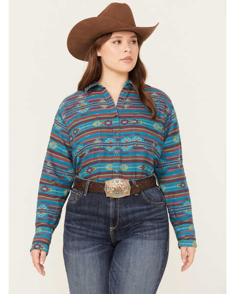 Image #1 - Ariat Women's R.E.A.L. Southwestern Print Billie Rae Long Sleeve Button Down Western Shirt - Plus, Teal, hi-res