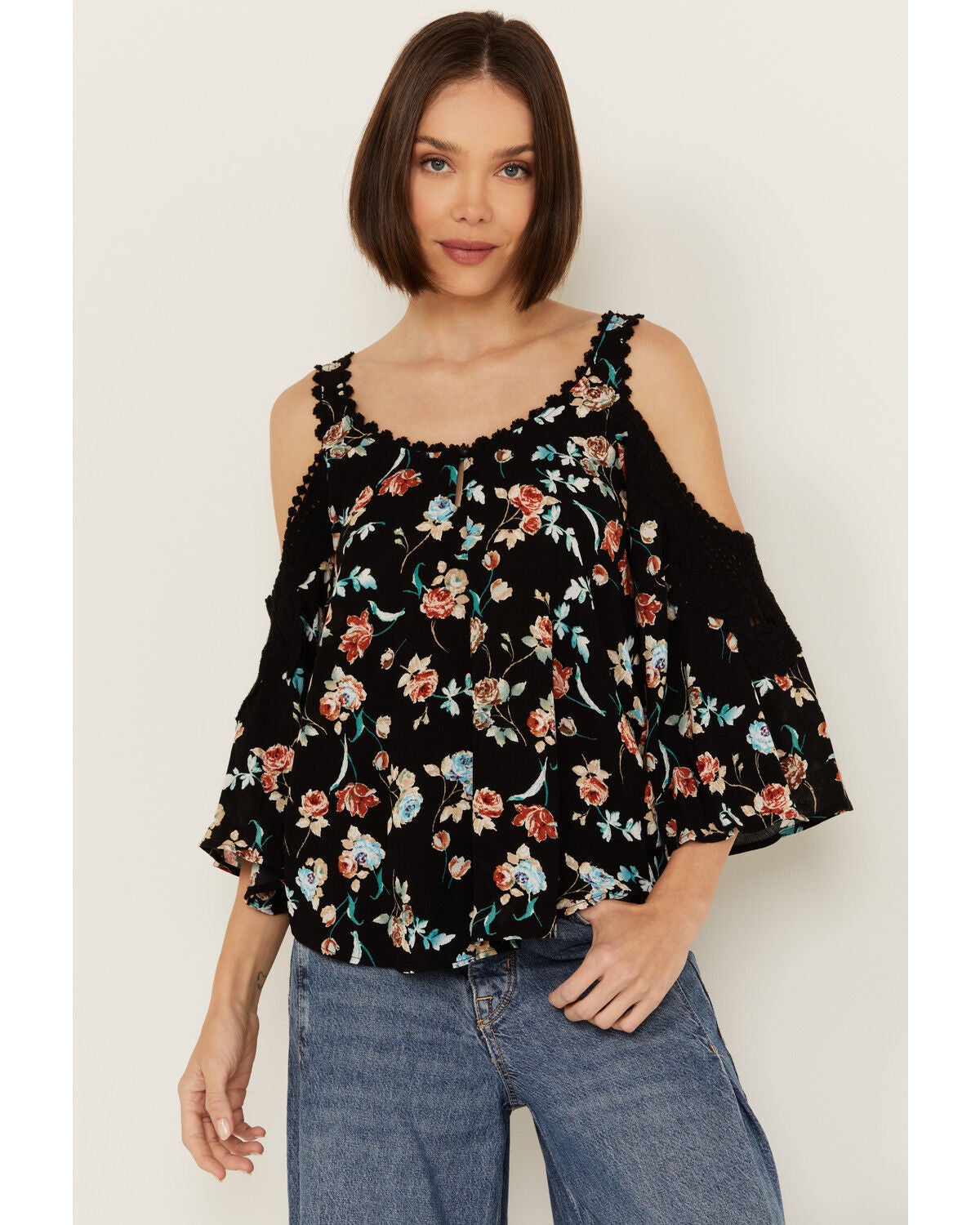 Wild Moss Women's Floral Print Crochet Cold Shoulder Top, Black, hi-res