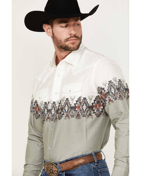 Image #2 - Wrangler Men's Checotah Border Print Long Sleeve Pearl Snap Western Shirt , White, hi-res