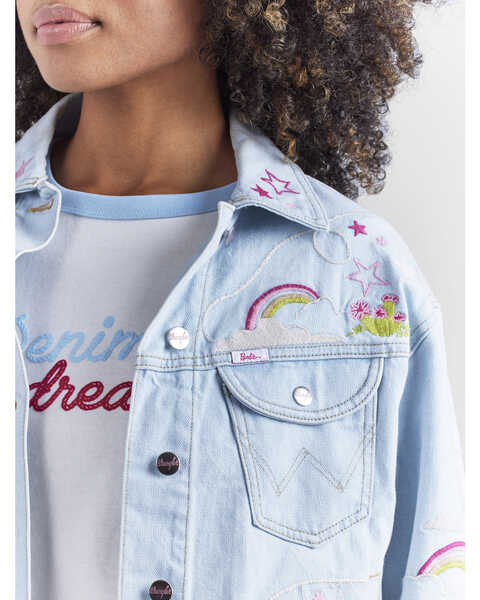 Image #3 - Wrangler® X Barbie™ Women's Light Wash Patched Denim Jacket , Light Wash, hi-res