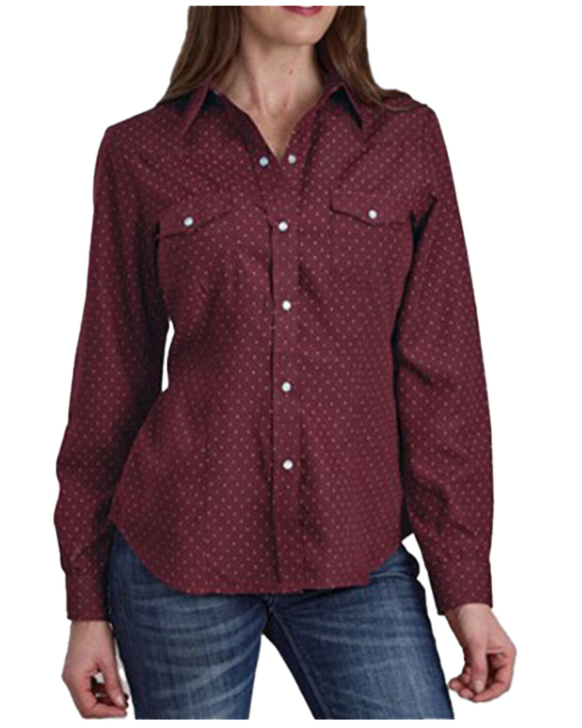 Image #1 - Roper Women's Dotted Print Long Sleeved Pearl Snap Western Shirt, Wine, hi-res