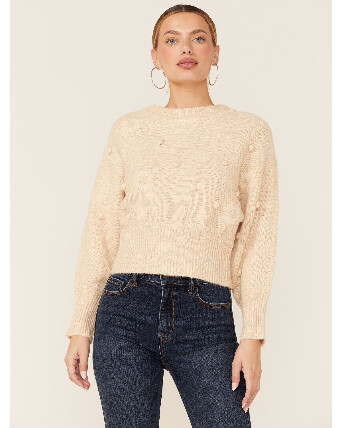 Image #4 - Lush Women's Cream Floral Pompom Embroidered Crop Sweather, , hi-res