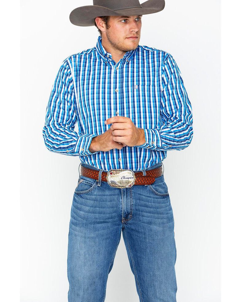 Wrangler Men's Plaid Performance Long Sleeve Western Shirt , Blue/white, hi-res