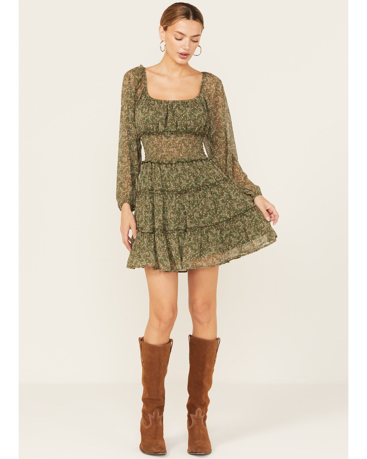 Image #1 - Ash & Violet Women's Floral Print Long Sleeve Mini Dress, Olive, hi-res