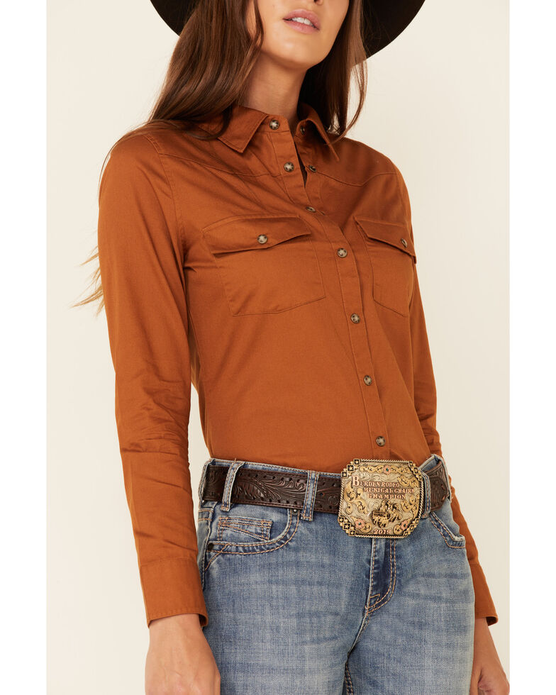 Shyanne Women's Solid Brown Long Sleeve Snap Western Core Riding Shirt , Brown, hi-res