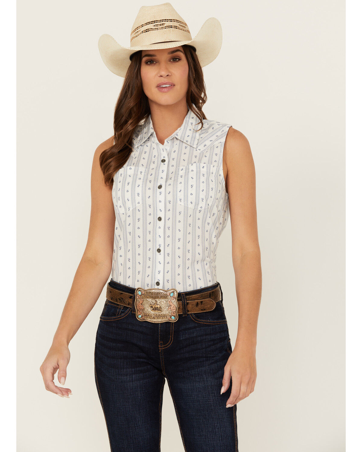 Image #1 - Ariat Women's Billie Jean Floral Striped Sleeveless Button-Down Western Shirt, Blue, hi-res