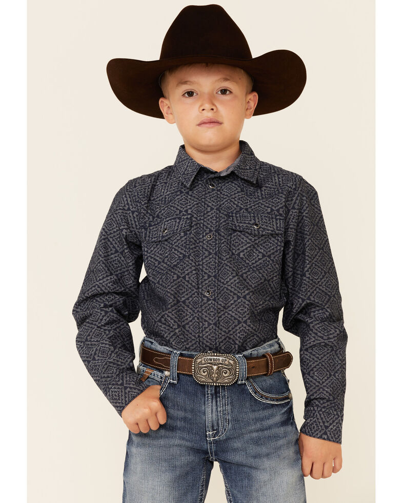 Cody James Boys' Washed Out Chambray Southwestern Print Long Sleeve Snap Western Shirt , Navy, hi-res