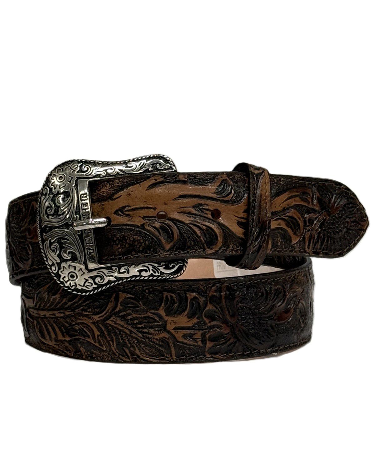 Image #1 - Tanner Mark Men's Jungle Tooled Leather Belt, Brown, hi-res