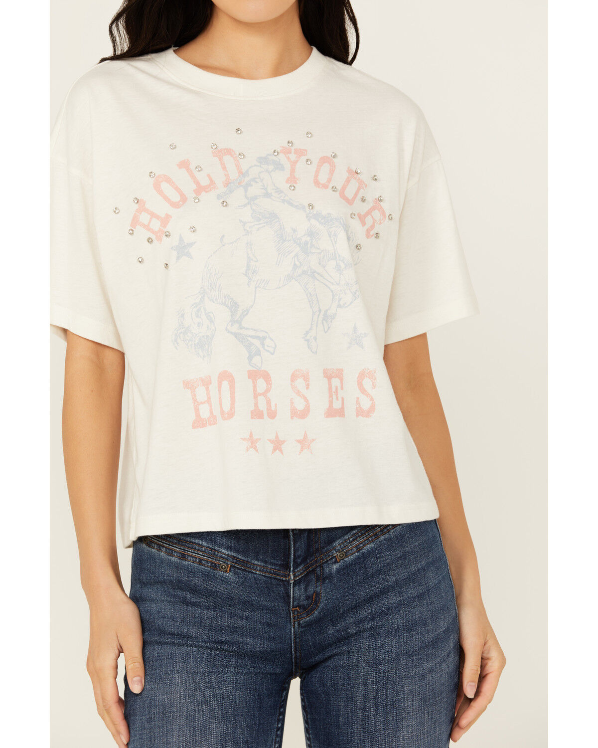 Image #3 - Youth in Revolt Women's Rhinestone Hold Your Horses Short Sleeve Graphic Tee, White, hi-res