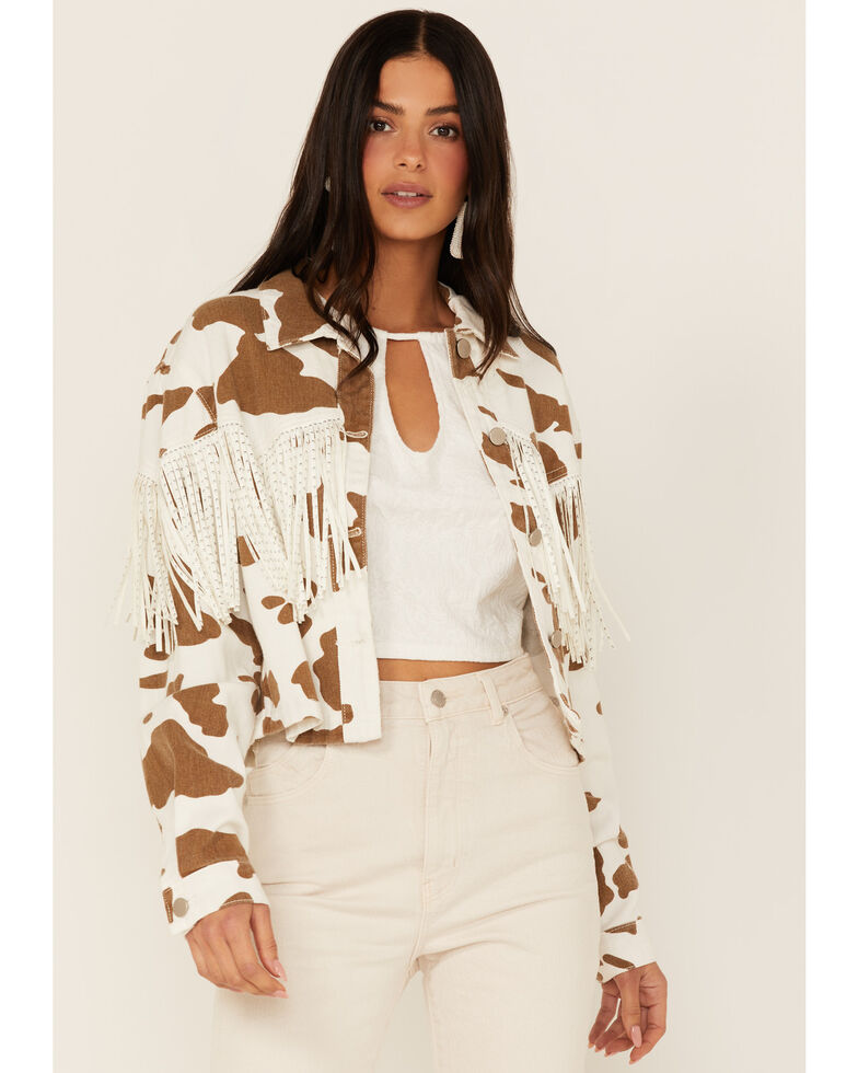 Polagram Women's Cow Print Fringe Jacket, Brown, hi-res