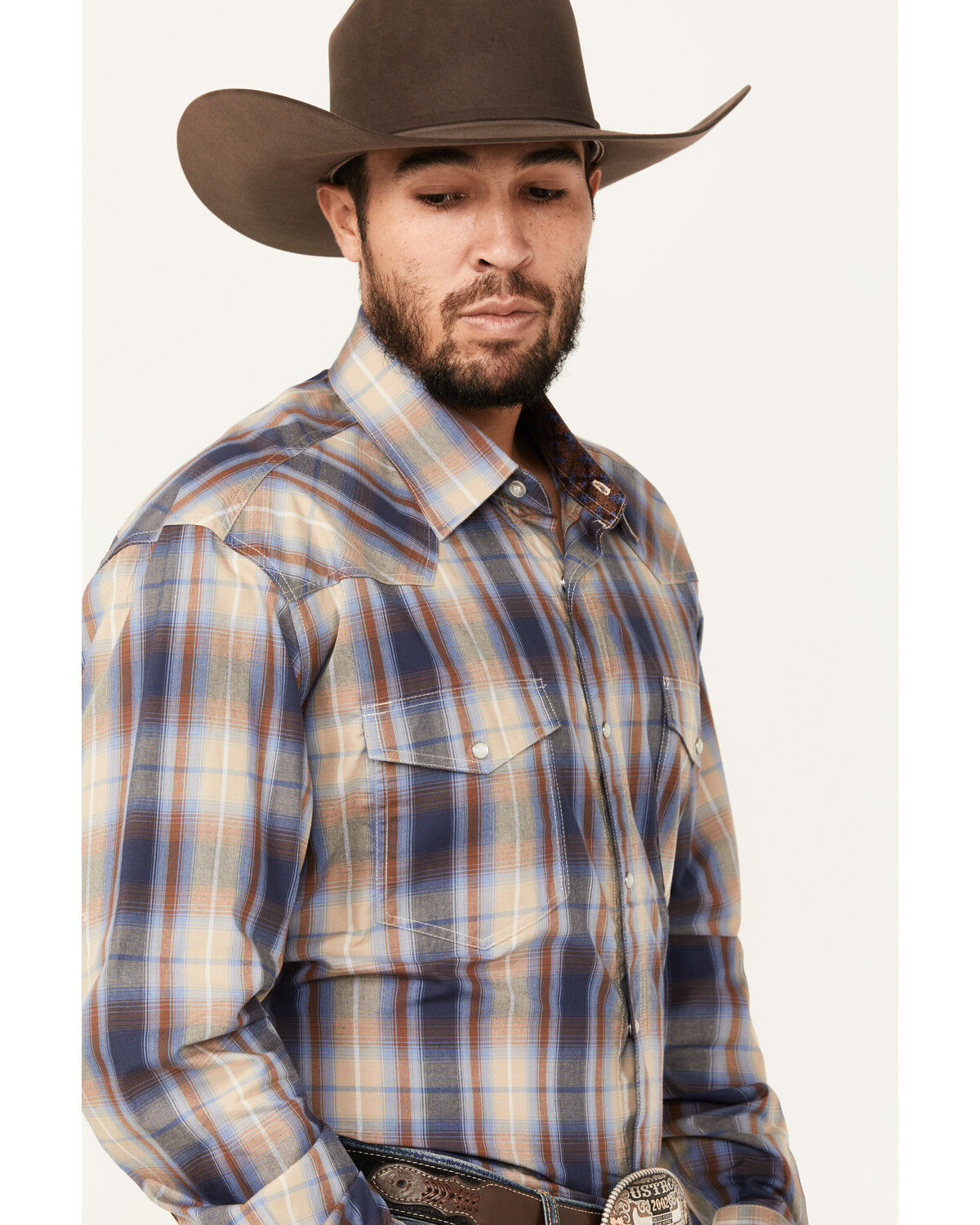 Image #2 - Roper Men's Amarillo Plaid Print Long Sleeve Pearl Snap Western Shirt, Navy, hi-res