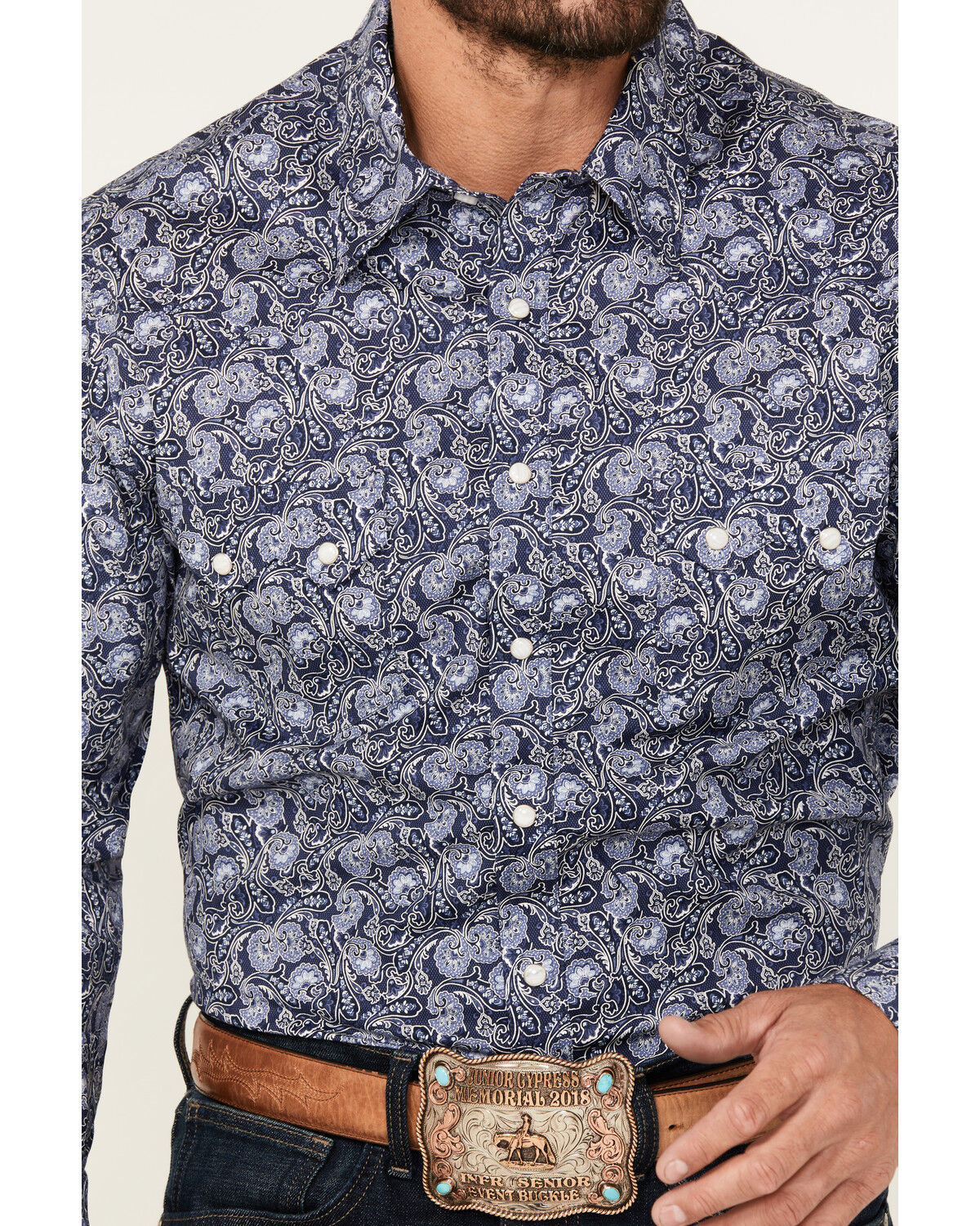 Image #3 - Rock & Roll Denim Men's Paisley Print Long Sleeve Snap Stretch Western Shirt, Blue, hi-res