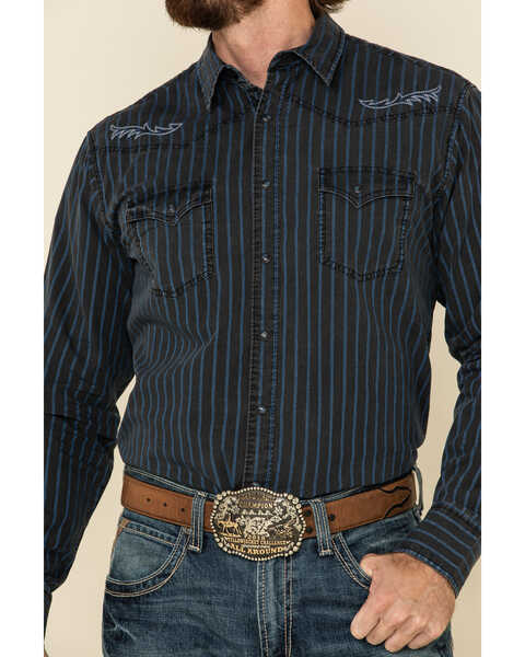 Rock 47 By Wrangler Men's Black Stripe Embroidered Long Sleeve Western Shirt , Black, hi-res