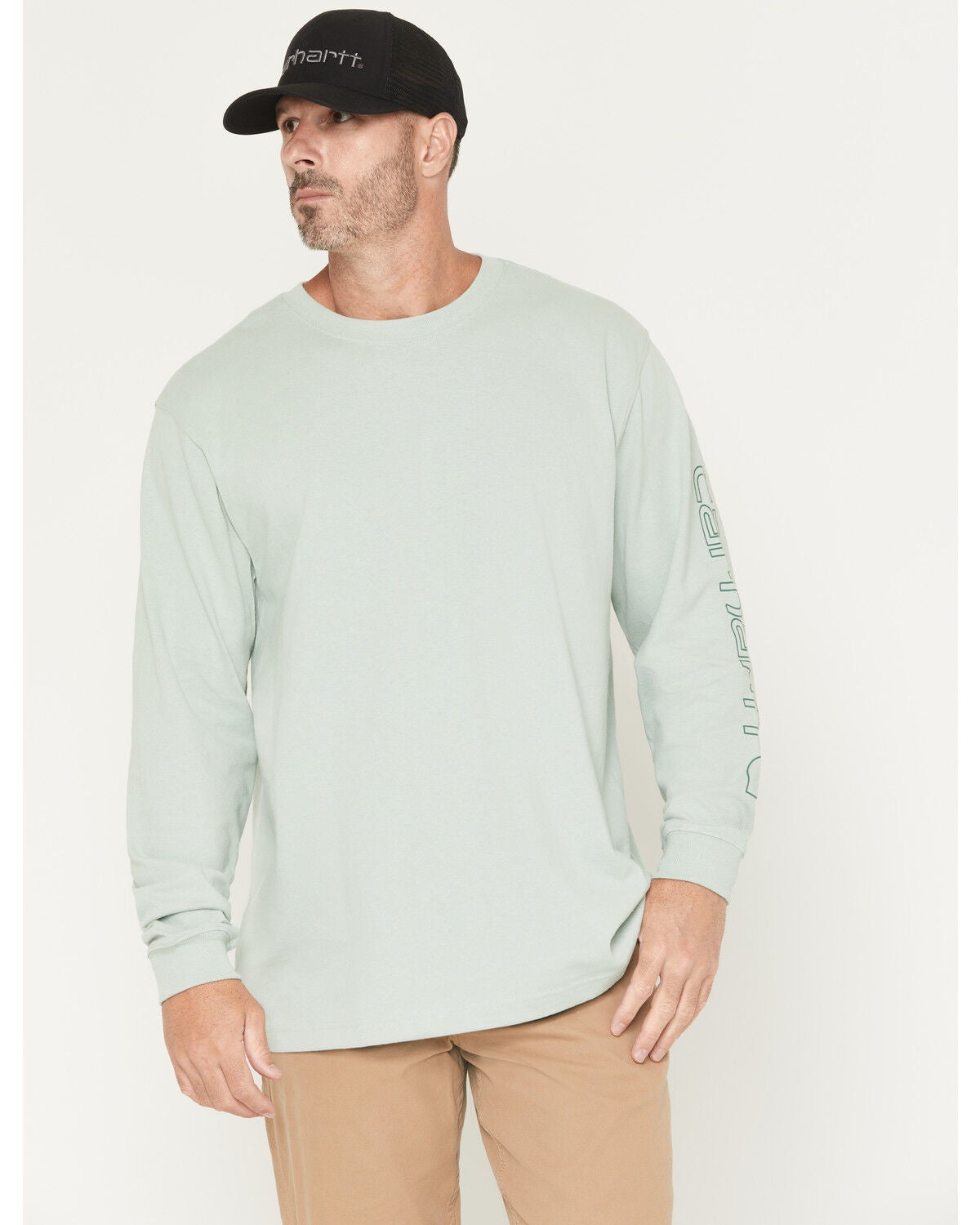 Carhartt Men's Loose Fit Heavyweight Long Sleeve Logo Graphic Work T-Shirt, Sage, hi-res