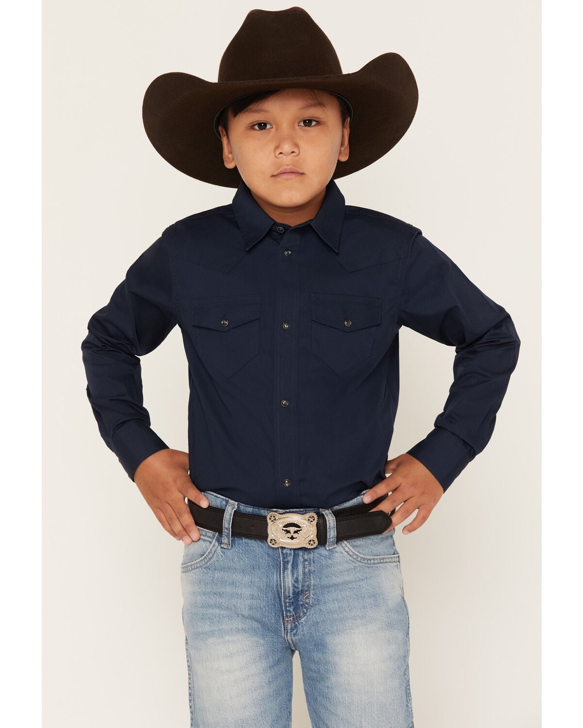 Gibson Trading Co Boys' Solid Long Sleeve Snap Western Shirt, Midnight Blue, hi-res