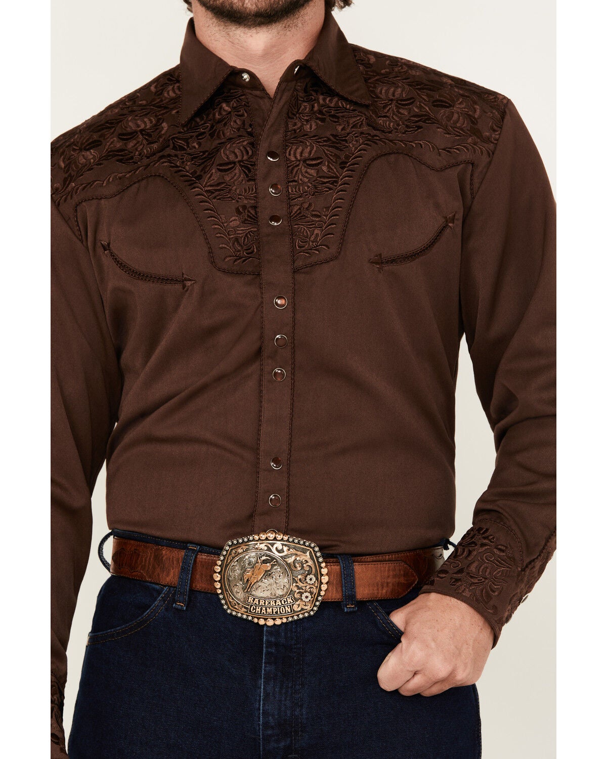 Image #3 - Scully Men's Gunfighter Long Sleeve Pearl Snap Western Shirt, Brown, hi-res