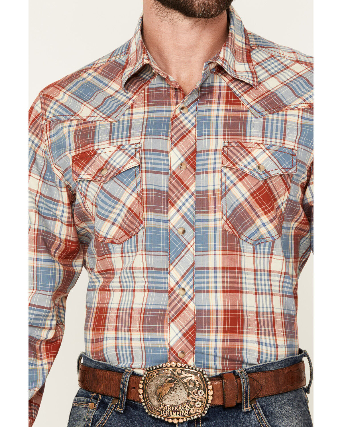 Image #3 - Wrangler Retro Men's Plaid Print Long Sleeve Snap Western Shirt, Red/white/blue, hi-res