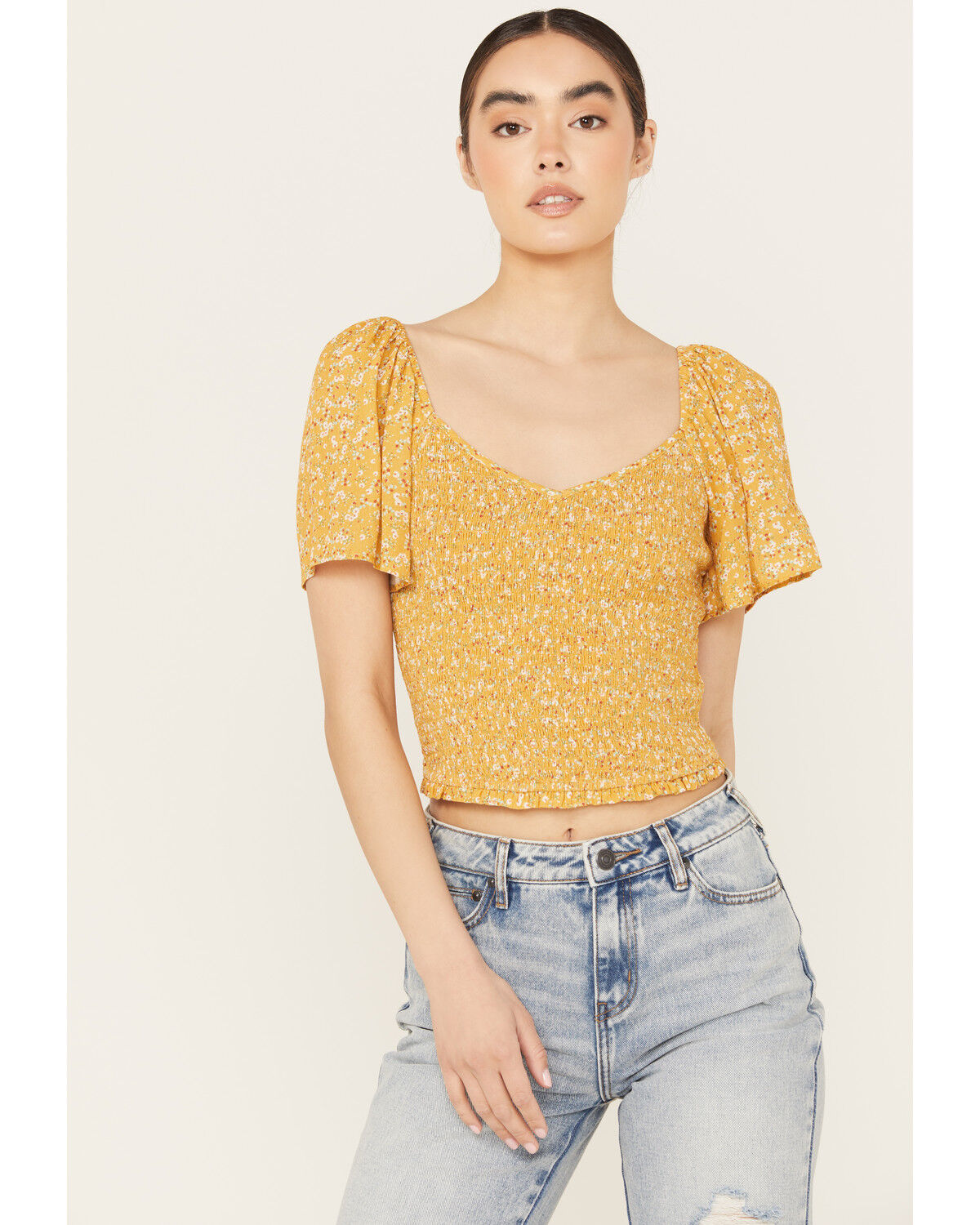 Image #1 - Beyond The Radar Women's Floral Printed Smocked Top, Mustard, hi-res