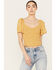 Image #1 - Beyond The Radar Women's Floral Printed Smocked Top, Mustard, hi-res