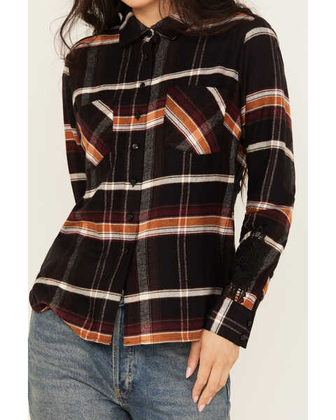 Image #3 - Shyanne Women's Lace Applique Plaid Print Button-Down Flannel Shirt , Black, hi-res
