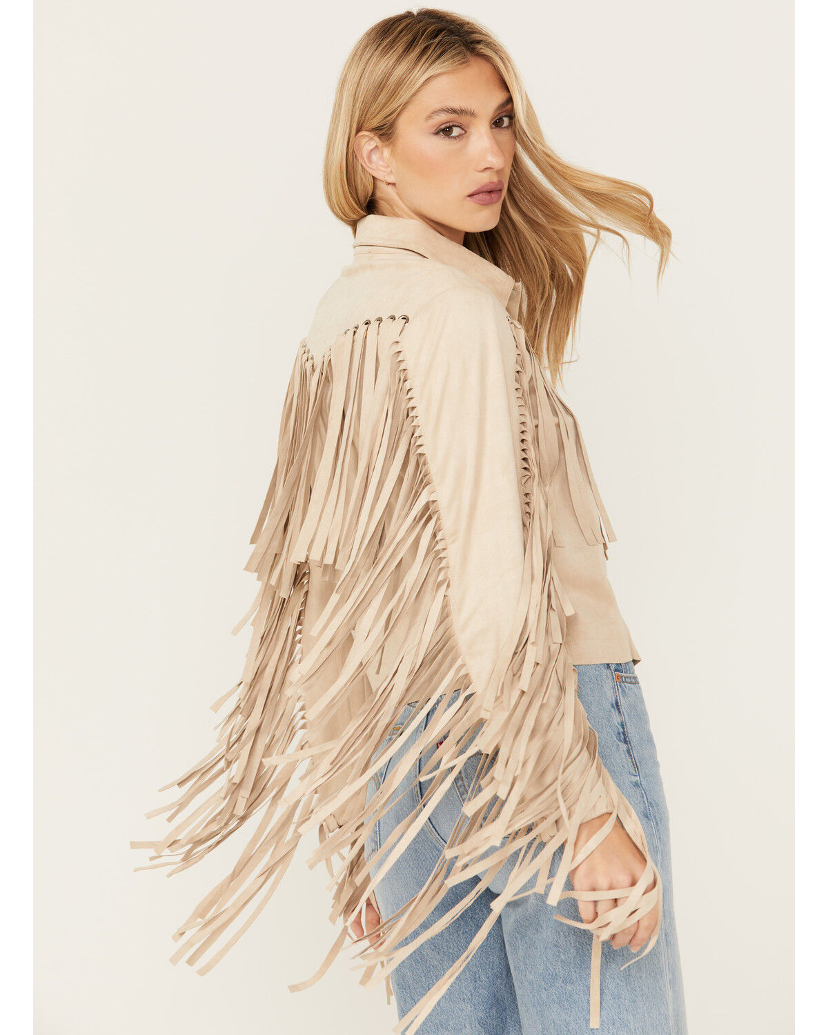 Image #4 - Blue B Women's Grommet Faux Suede Fringe Jacket, Beige, hi-res