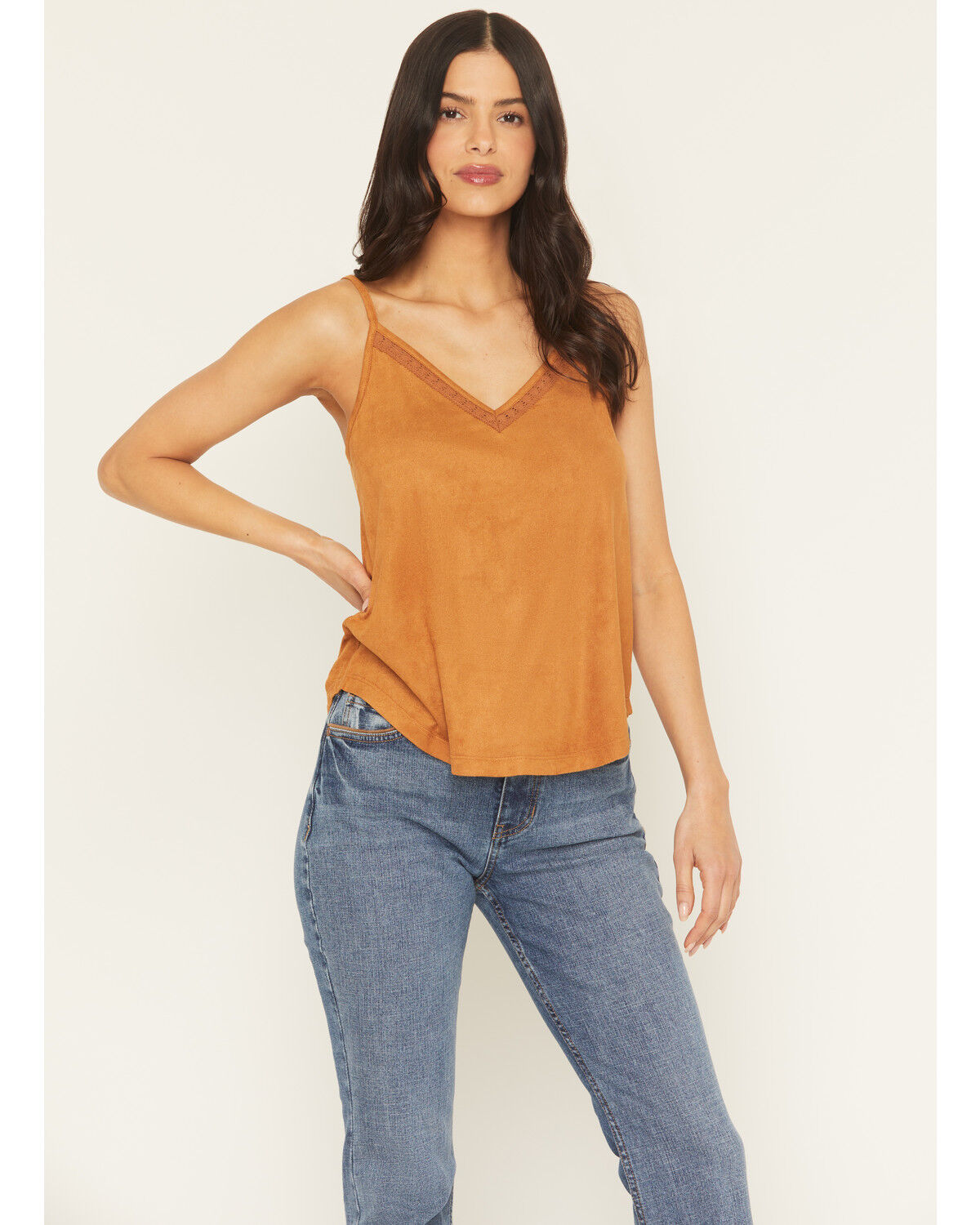 Image #1 - Shyanne Women's Solid Faux Suede Sleeveless Crochet Tank Top, Oatmeal, hi-res
