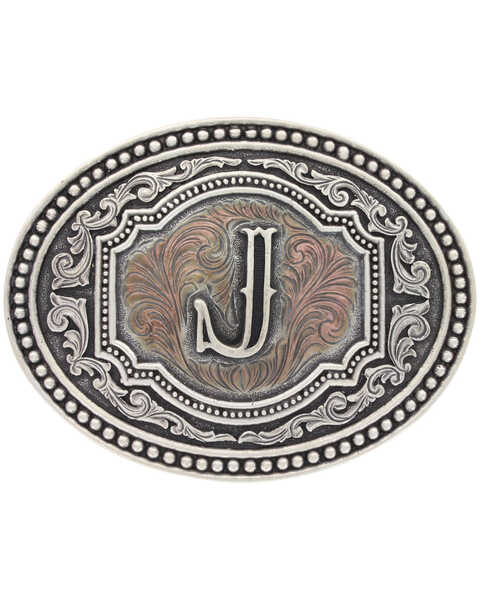 Montana Silversmiths Men's Initial "J" Two-Tone Attitude Belt Buckle, Silver, hi-res