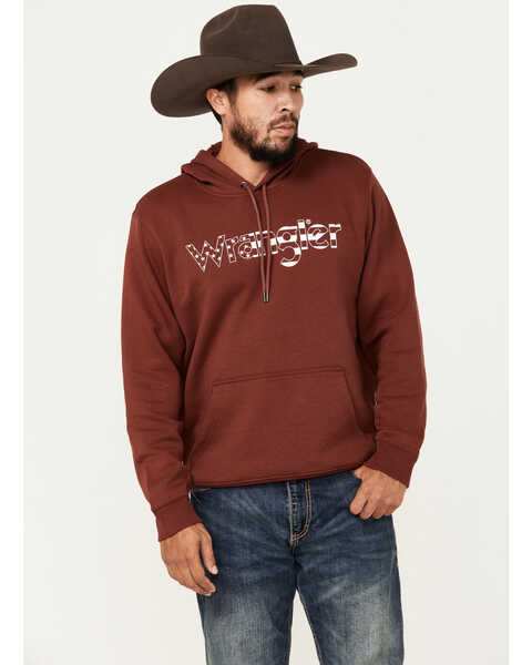 Image #1 - Wrangler Men's Boot Barn Exclusive  Logo Hooded Sweatshirt, Burgundy, hi-res