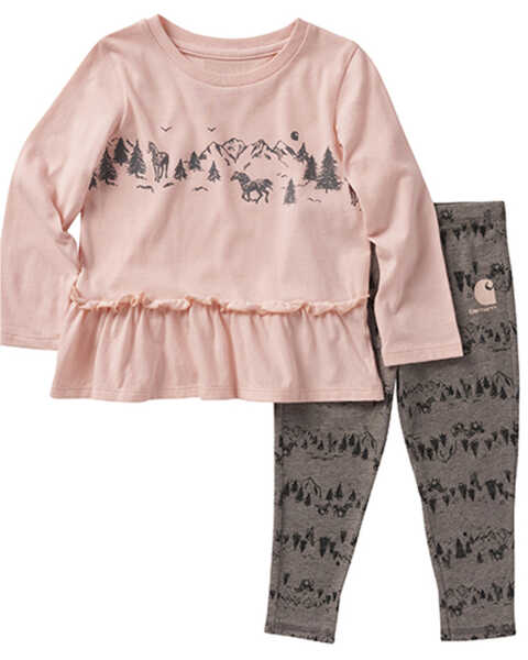 Carhartt Toddler-Girls' Two-piece Long Sleeve Pink Ruffle Shirt & Leggings Set, Multi, hi-res