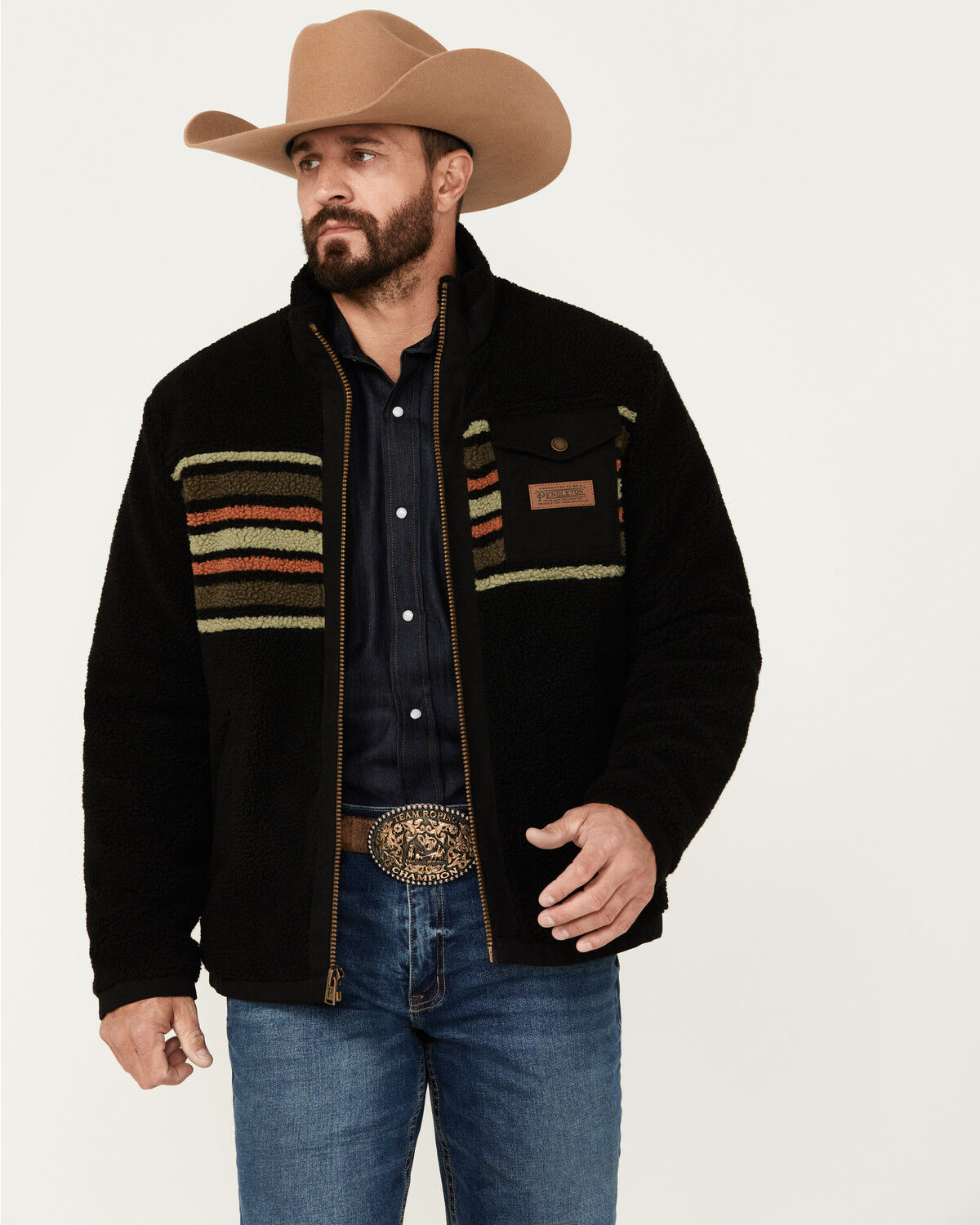 Image #1 - Pendleton Men's Camp Stripe Lone Fir Berber Jacket, Black, hi-res