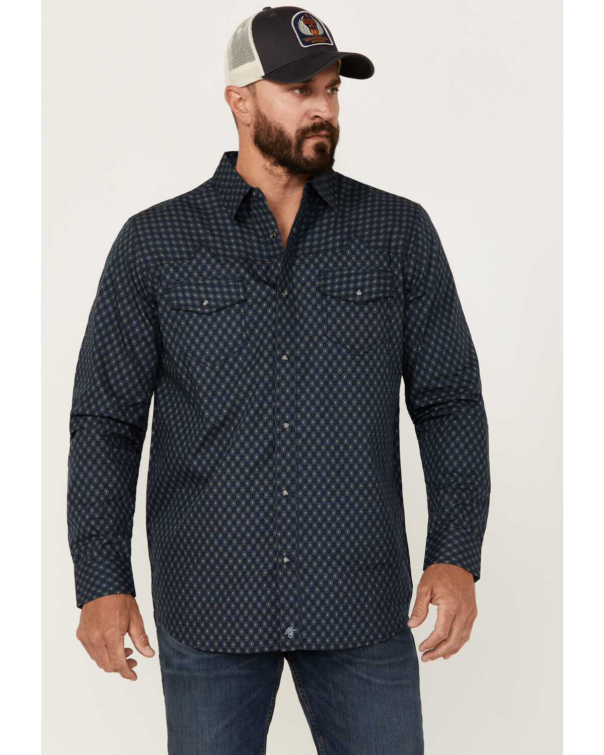 Image #1 - Moonshine Spirit Men's Townie Wallpaper Geo Print Long Sleeve Snap Western Shirt, Navy, hi-res