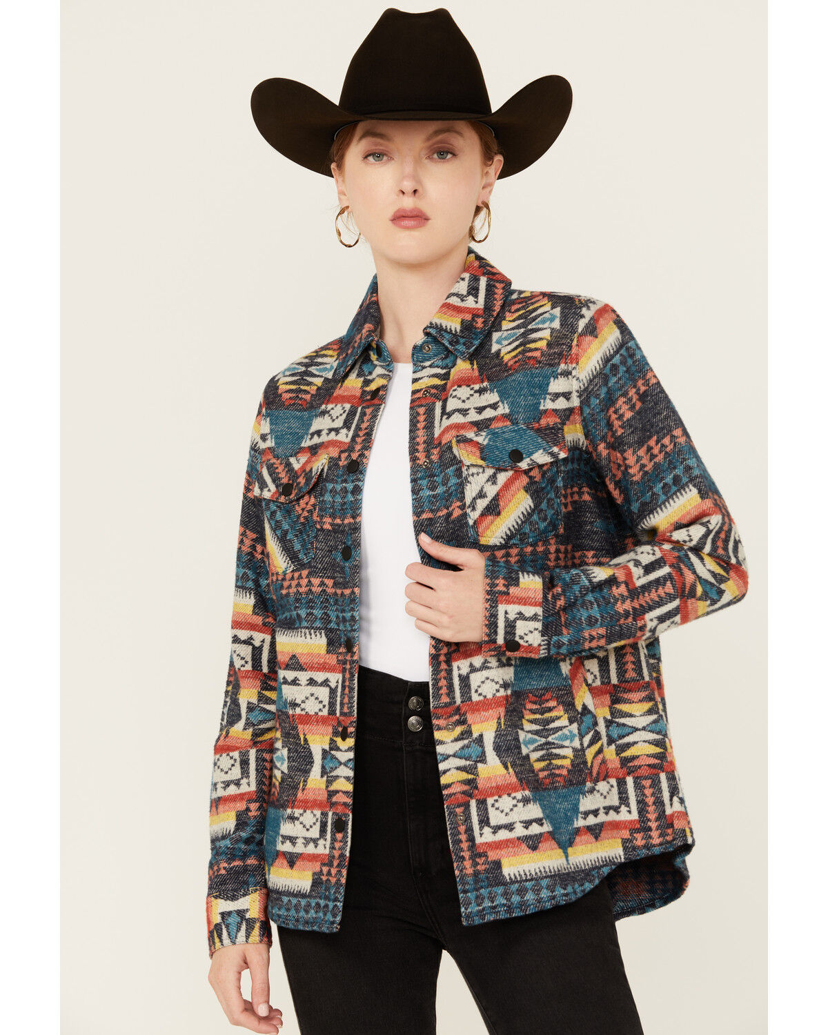 Image #1 - Rock & Roll Denim Women's Southwestern Print Snap Shacket, Teal, hi-res