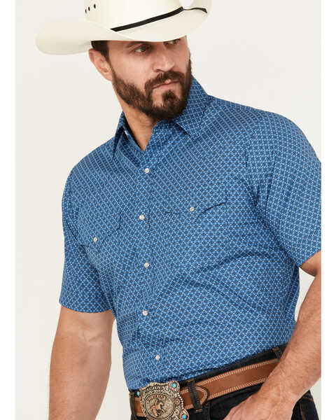 Image #2 - Ely Walker Men's Print Short Sleeve Pearl Snap Western Shirt, Blue, hi-res