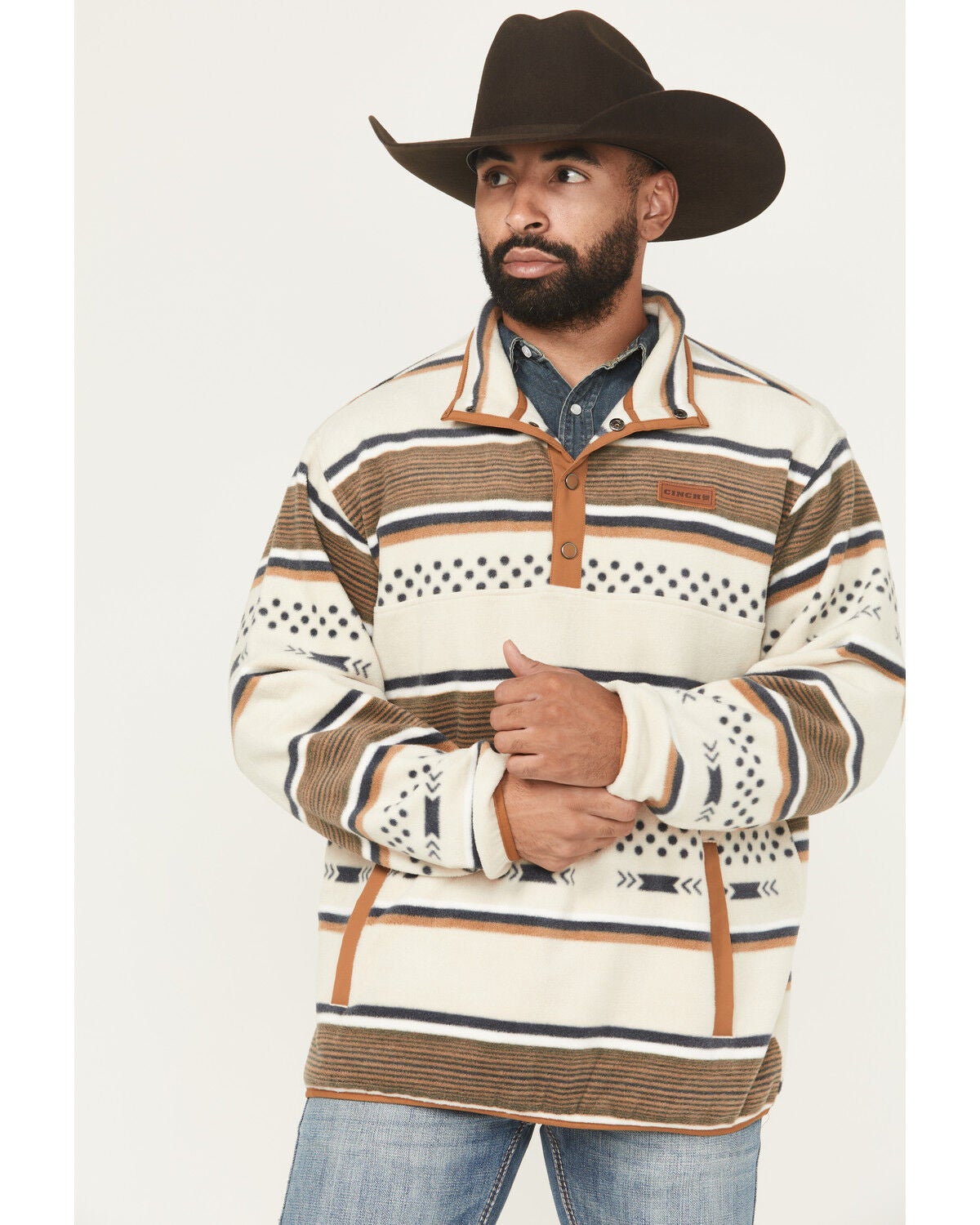 Image #1 - Cinch Men's Striped 1/4 Snap Pullover, Cream, hi-res