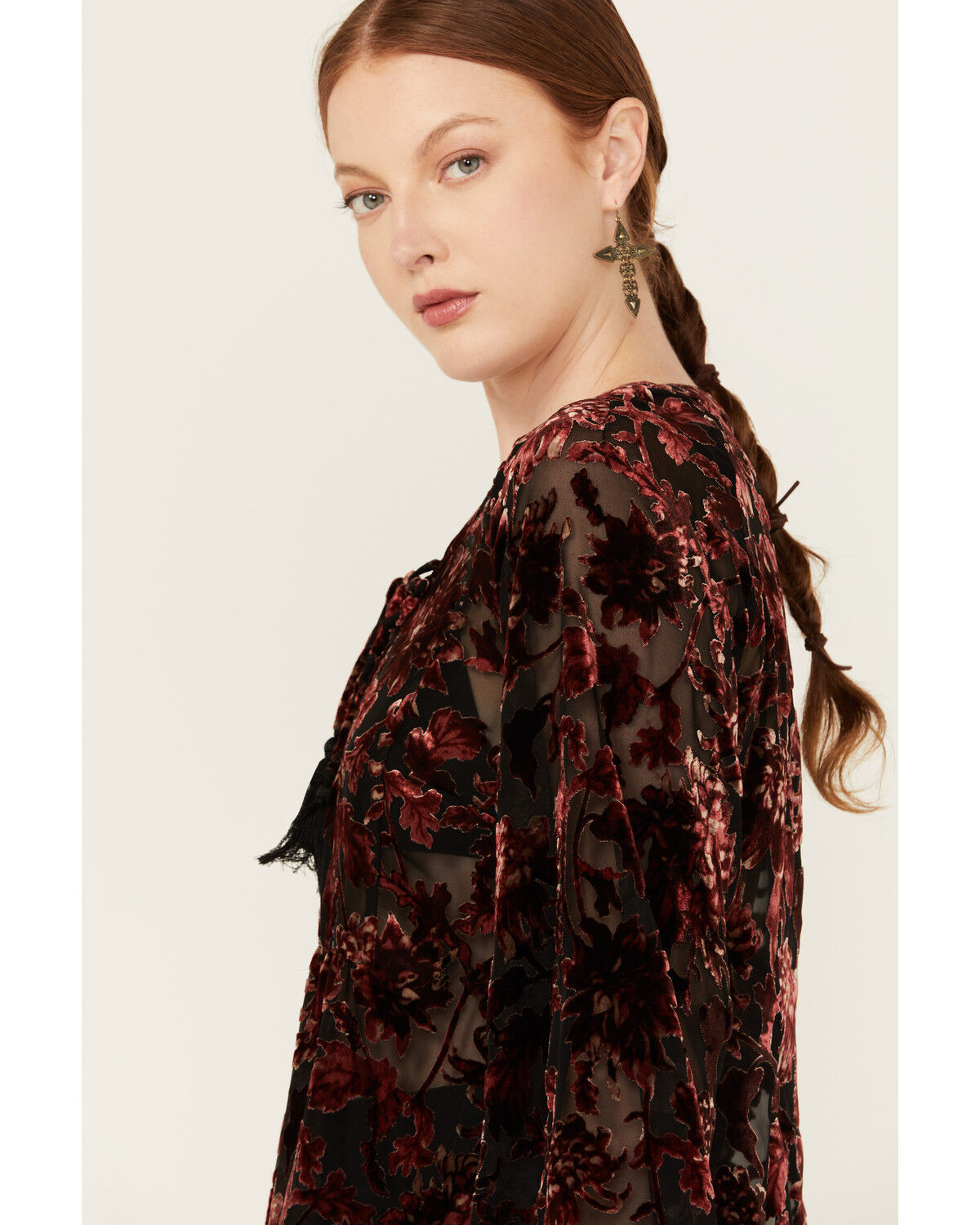 Image #2 - Shyanne Women's Burnout Velvet Peasant Lace-Up Top, Black, hi-res