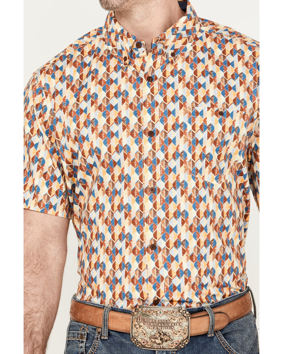 Image #3 - RANK 45&reg; Men's Abstract Geo Print Short Sleeve Button-Down Shirt, Gold, hi-res
