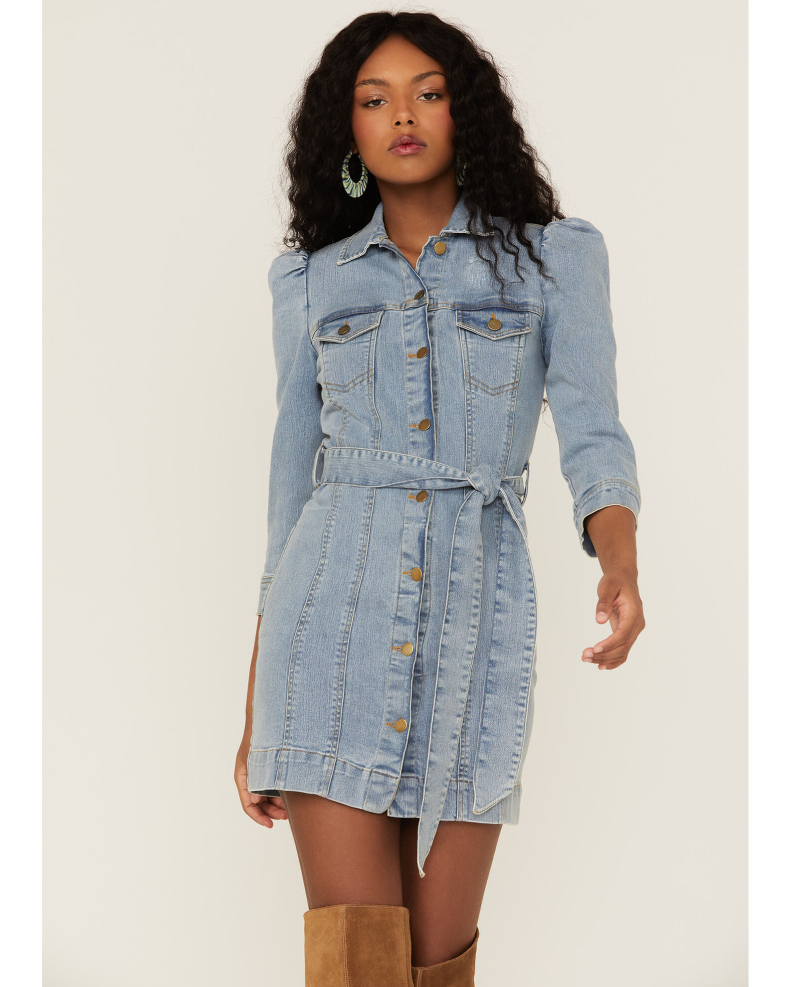 Puff sleeve denim dress sales