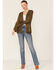 Vocal Women's Dark Olive Tiered Fringe Faux Suede Open-Front Jacket , Olive, hi-res