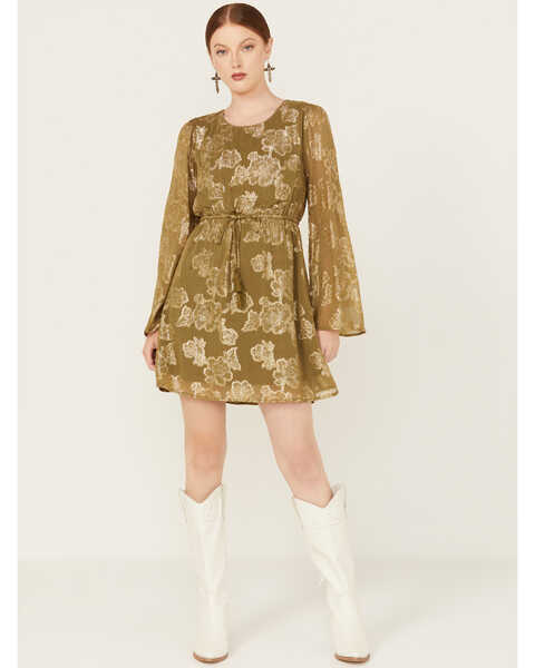 Image #1 - En Creme Women's Floral Metallic Long Sleeve Mini Dress, Olive, hi-res