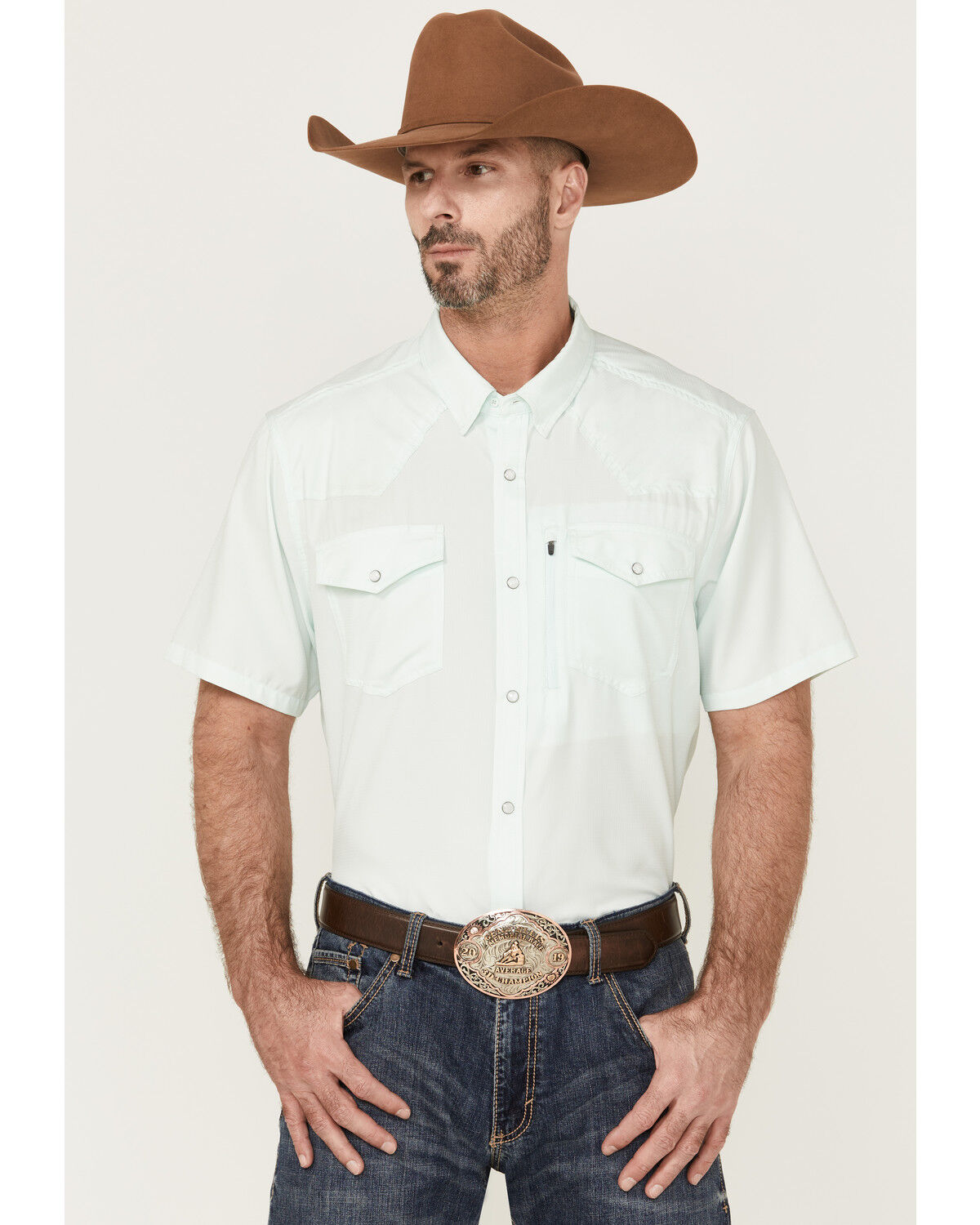 Image #1 - RANK 45® Men's 8 Seconds Short Sleeve Pearl Snap Western Tech Shirt, Aqua, hi-res