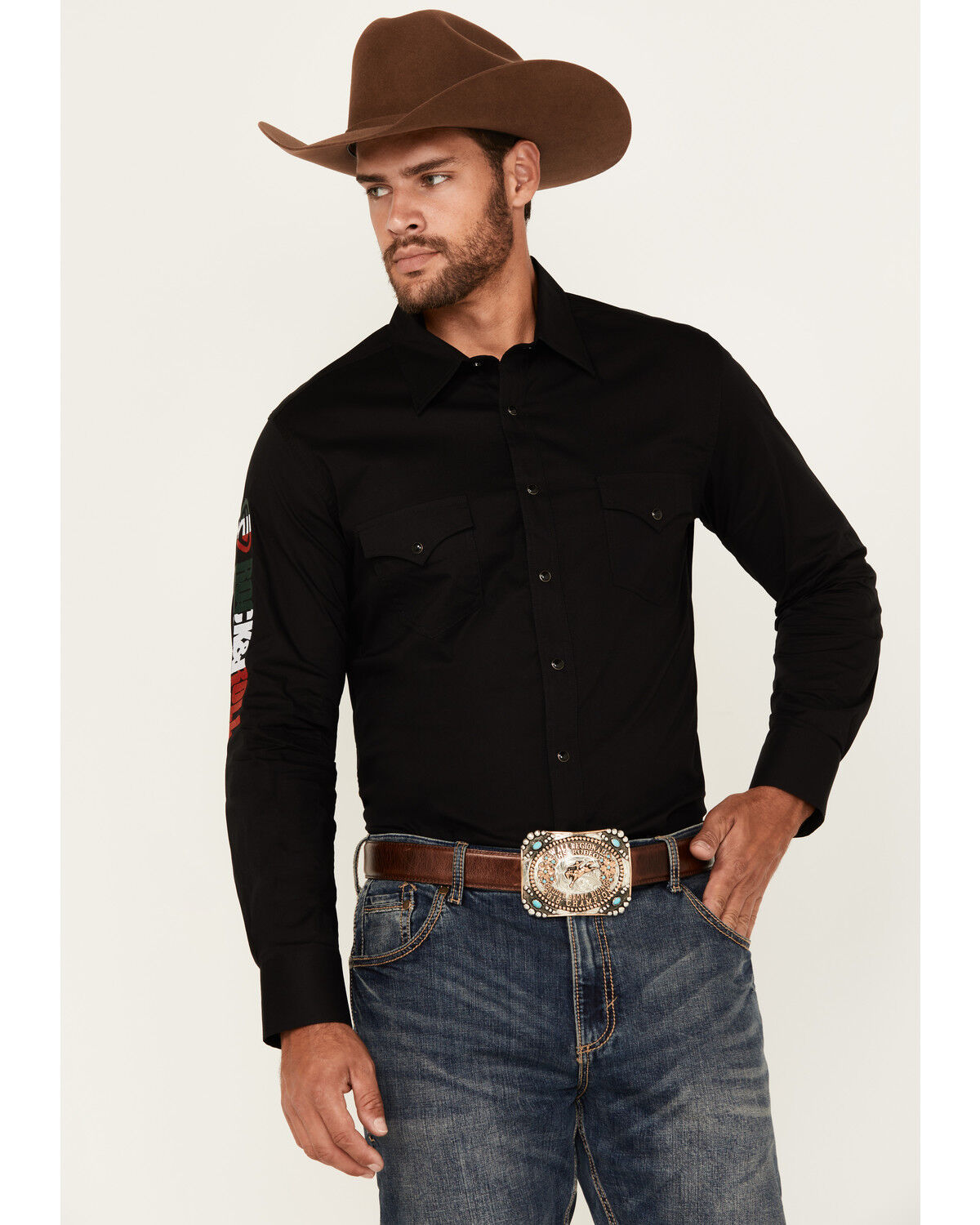 Image #2 - Rock & Roll Denim Men's Mexico Flag Embroidered Logo Long Sleeve Snap Stretch Western Shirt, Black, hi-res